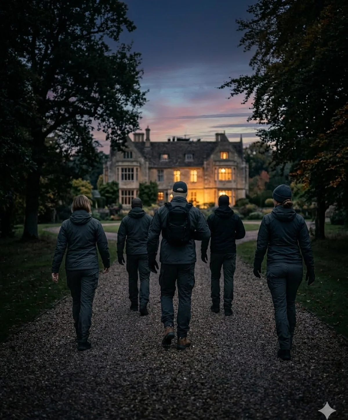 A team approaches a country estate at dusk