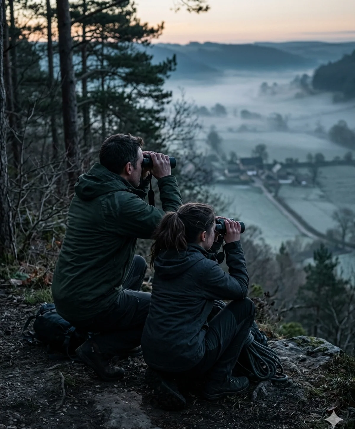 Two people looking across a misty landscape